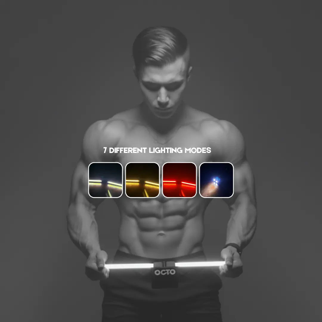 Adjustable angles on PhysiLamp focusing light to enhance muscle definition