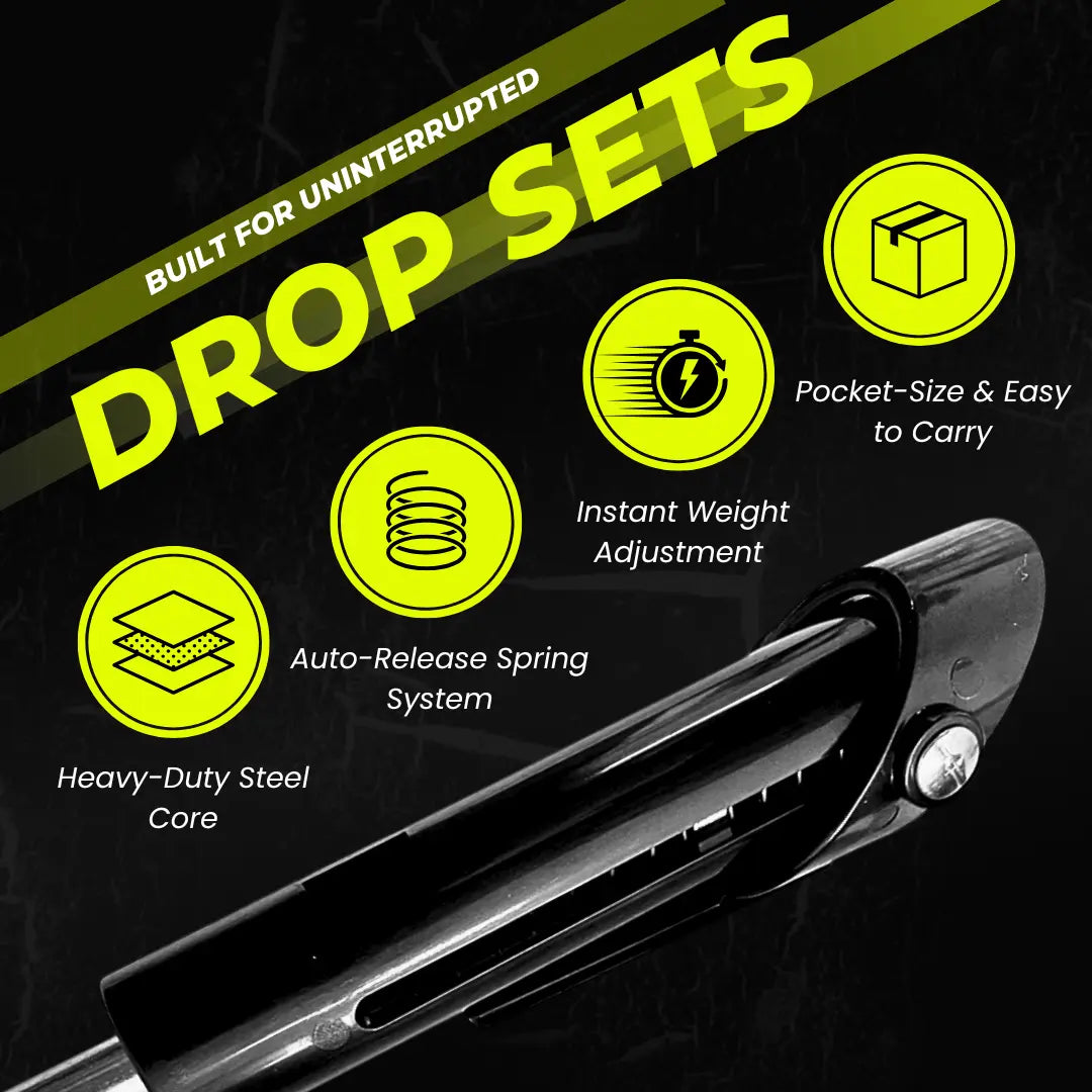 Drop set pin with precision spring mechanism, durable steel-core build, compact carry box, and super-fast action for uninterrupted drop sets