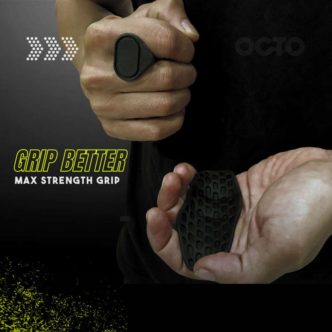 Close-up of hands using OctoGrips grip pads for a secure and stable grips